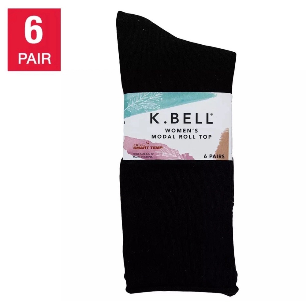 K. Bell Modal Roll Top 6 Pairs socks smart temp new in black
